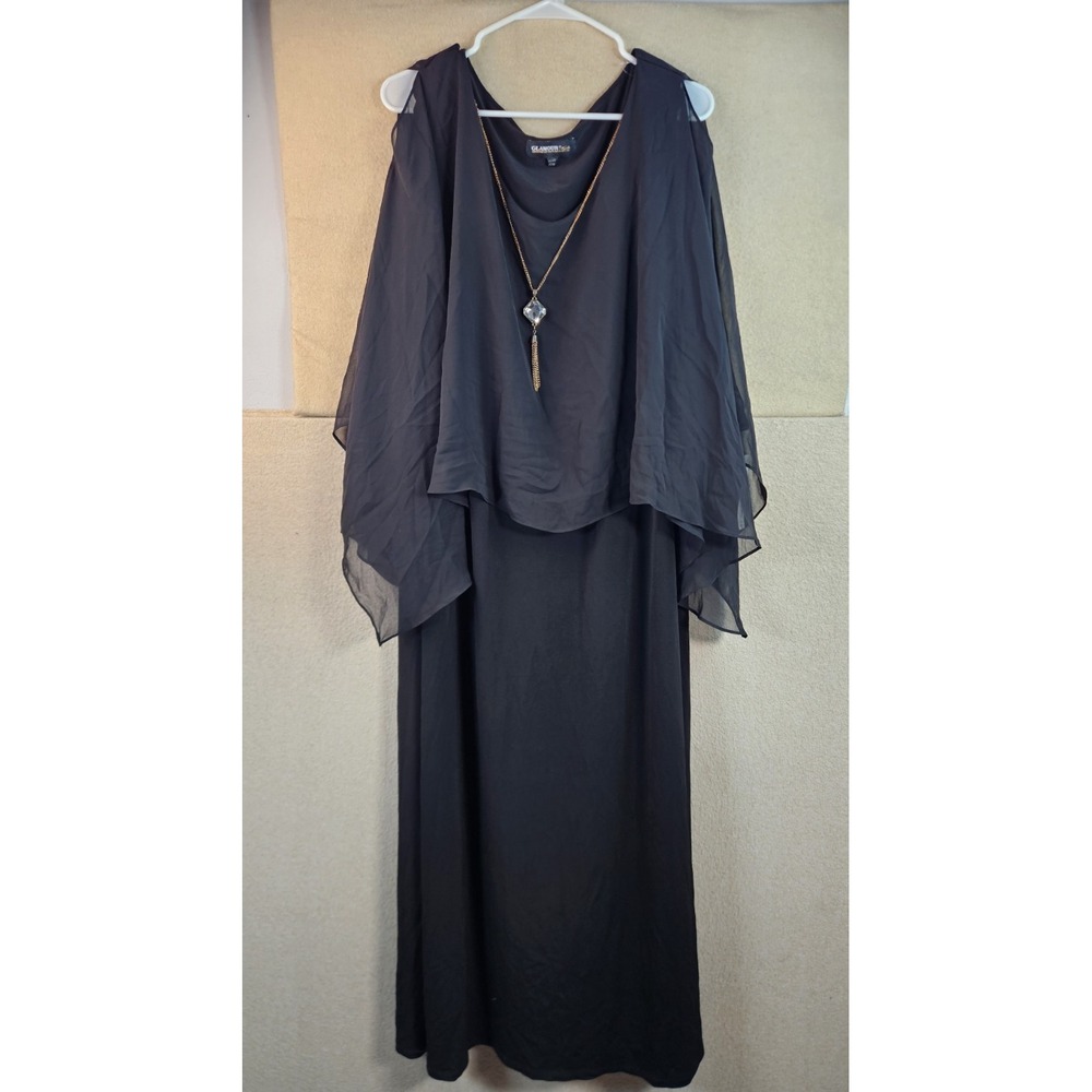 Glamour Nights Womens 22W Black Cold Shoulder Chiffon Capelet Midi Dress NWT